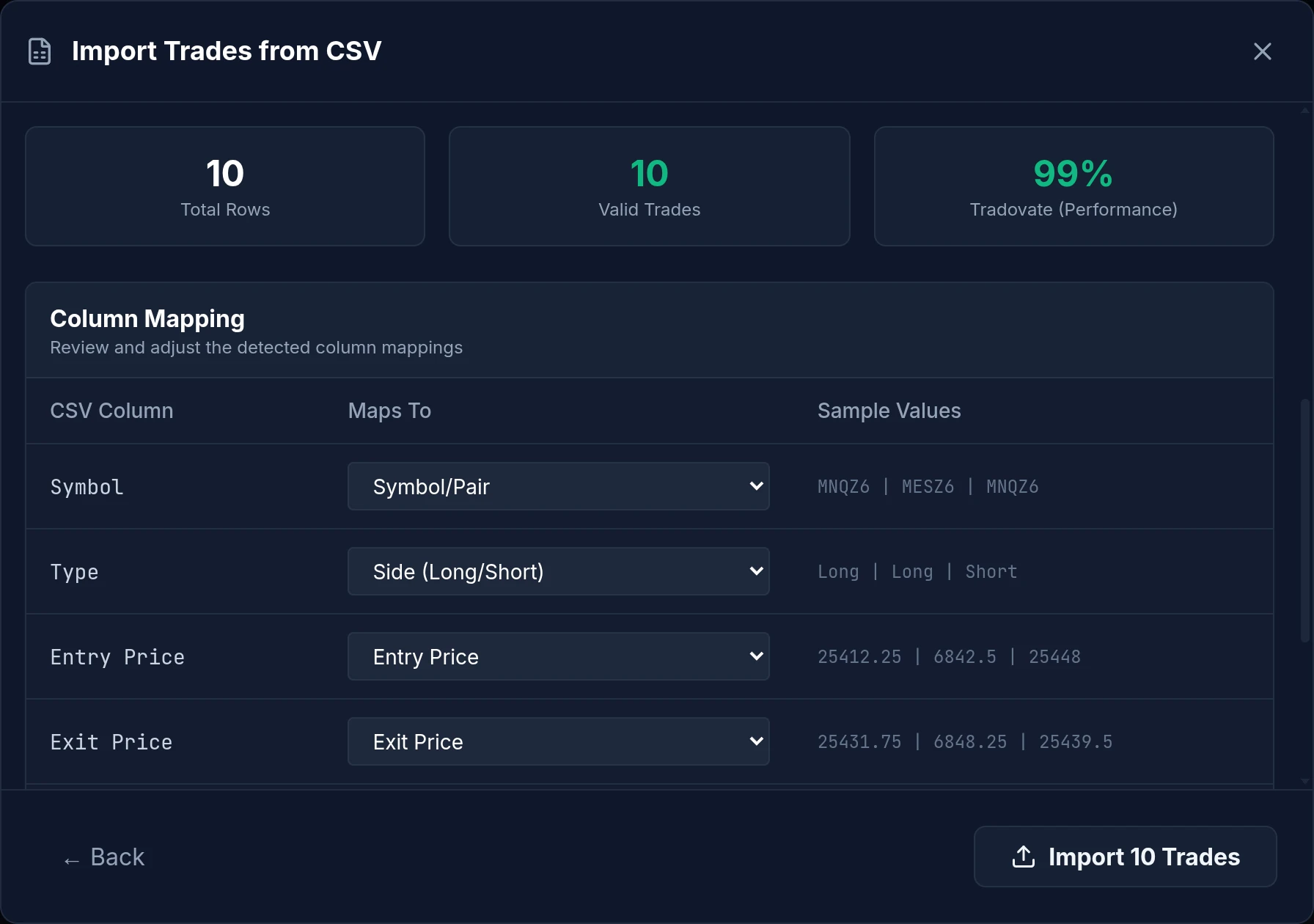 Import preview: a Tradovate file detected, with its column mapping