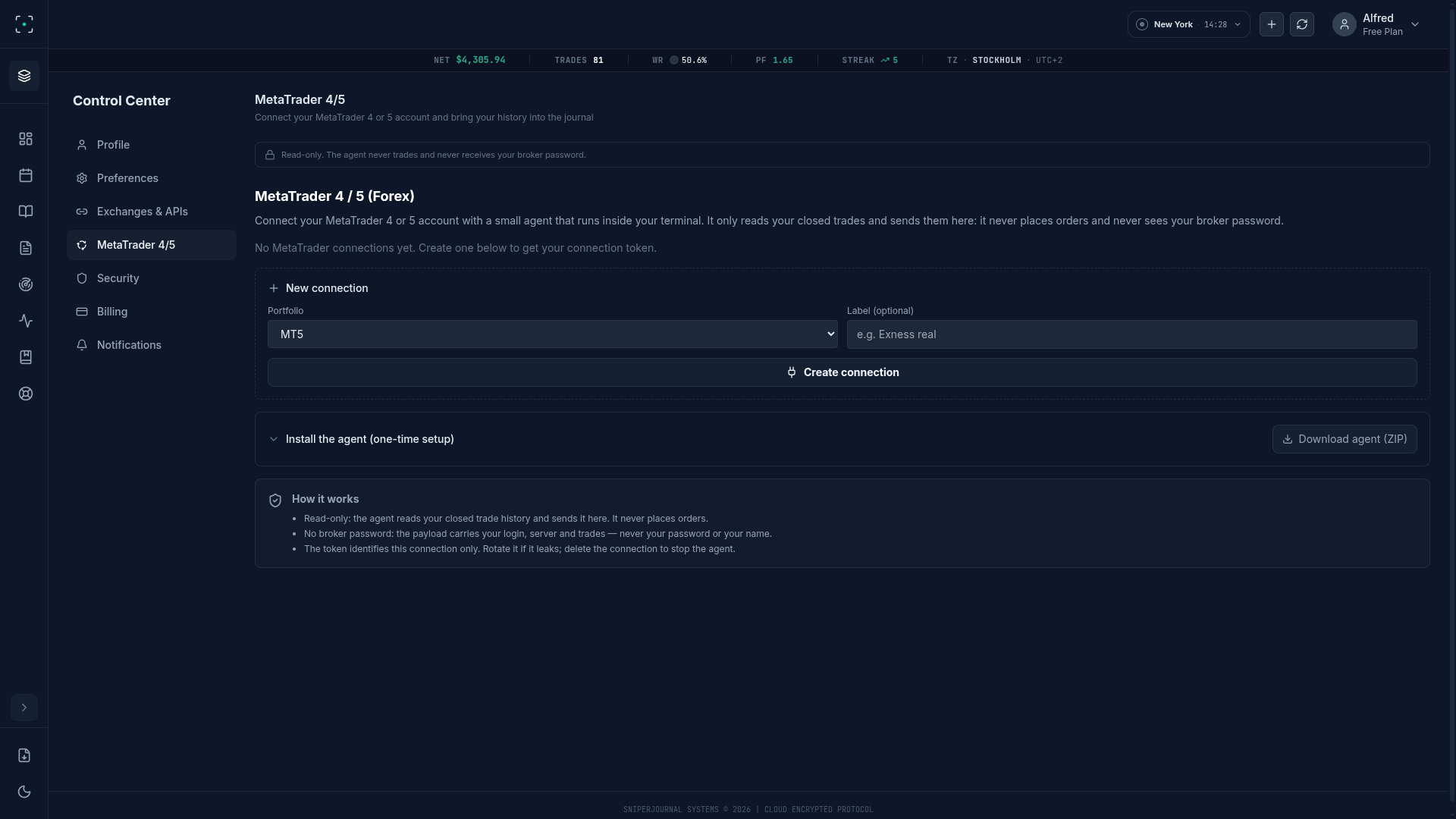 The New connection form in Settings, MetaTrader tab