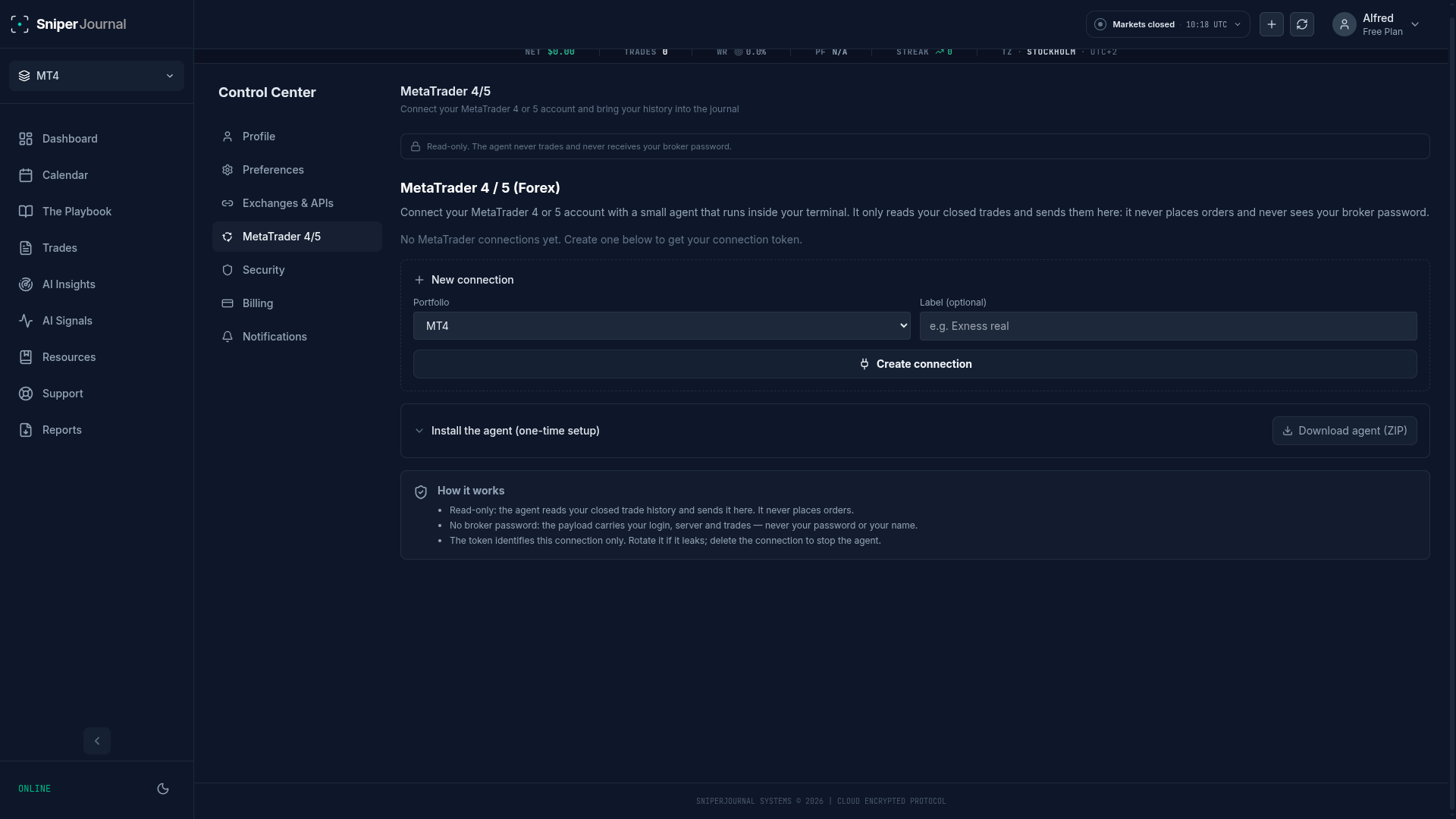 The New connection form in Settings, MetaTrader tab