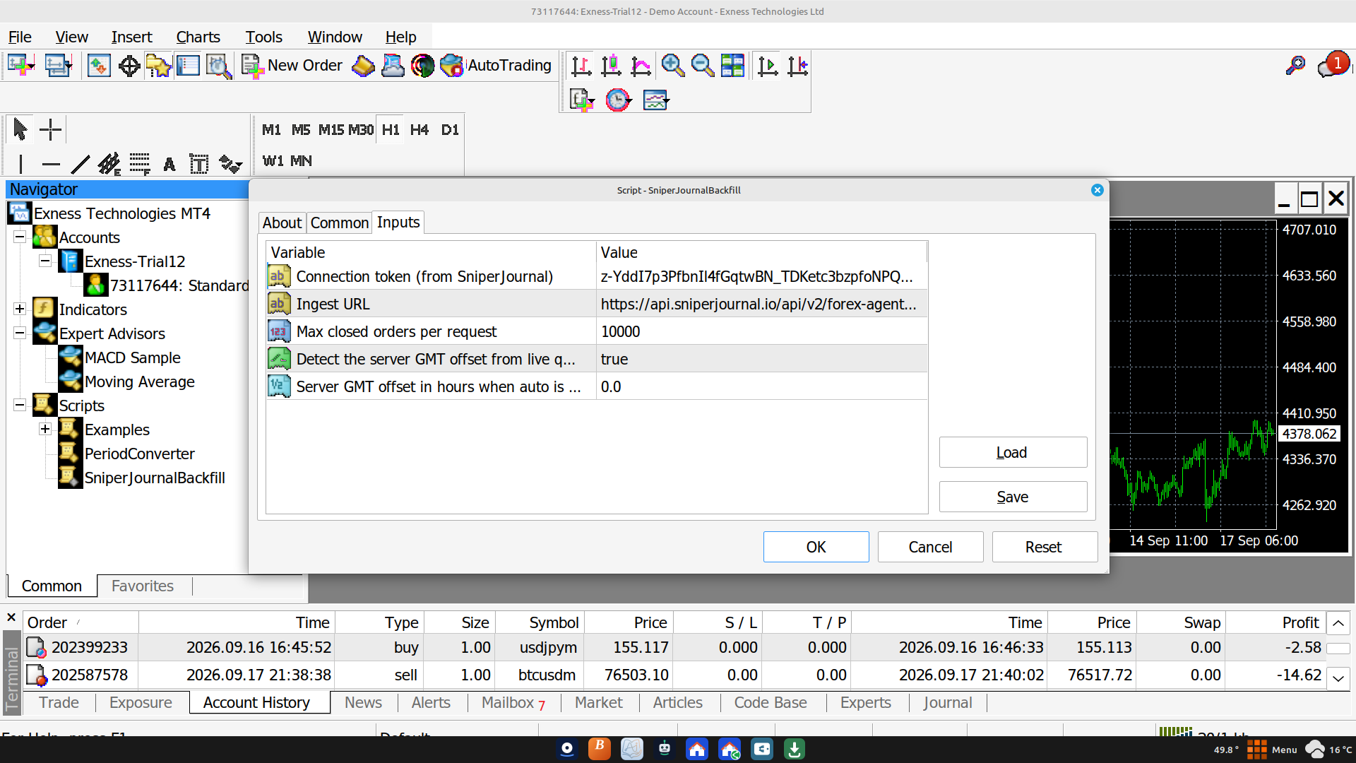 The script's Inputs dialog with the token and GMT offset