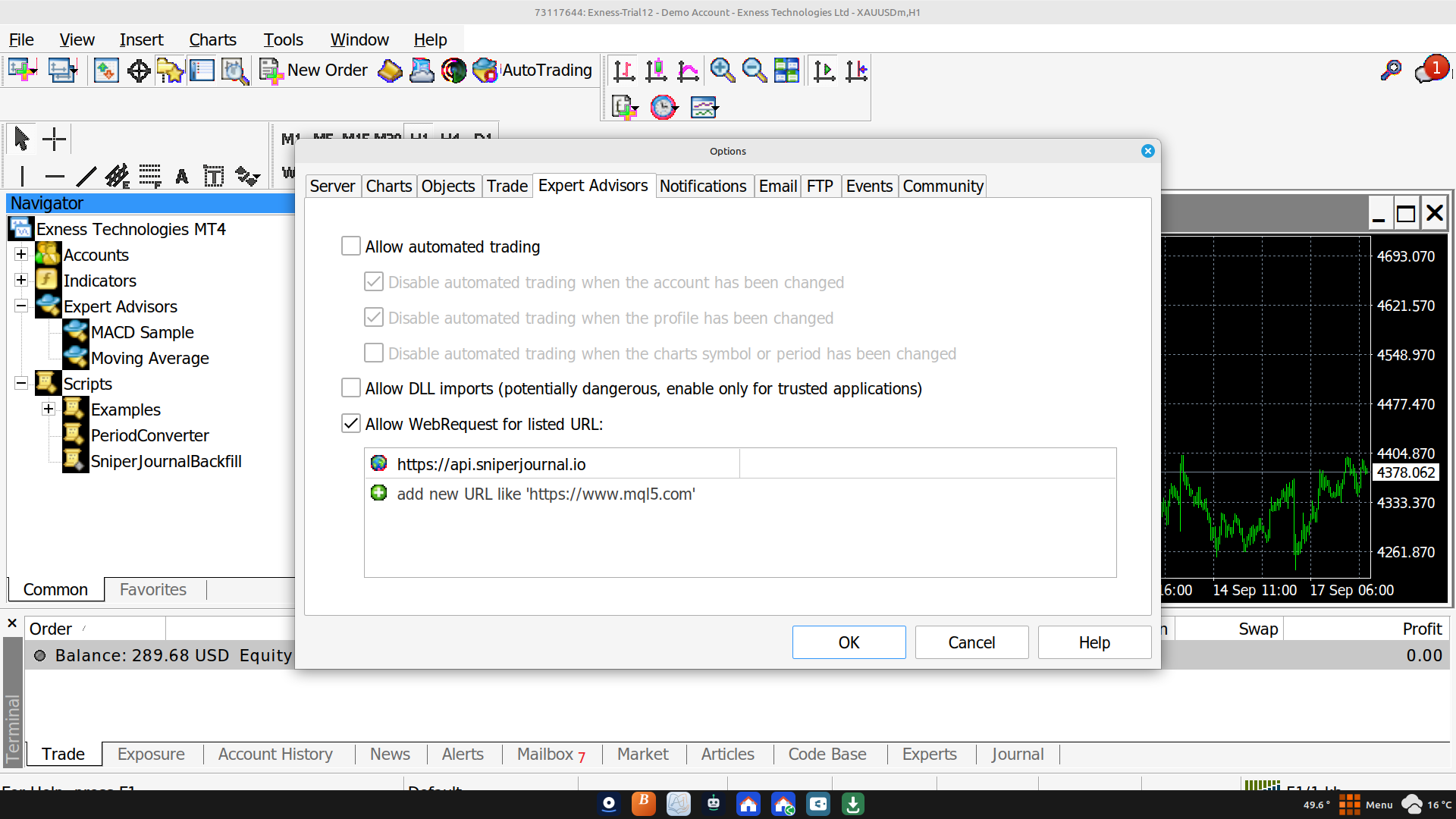 Allowing the WebRequest URL in MT4 options
