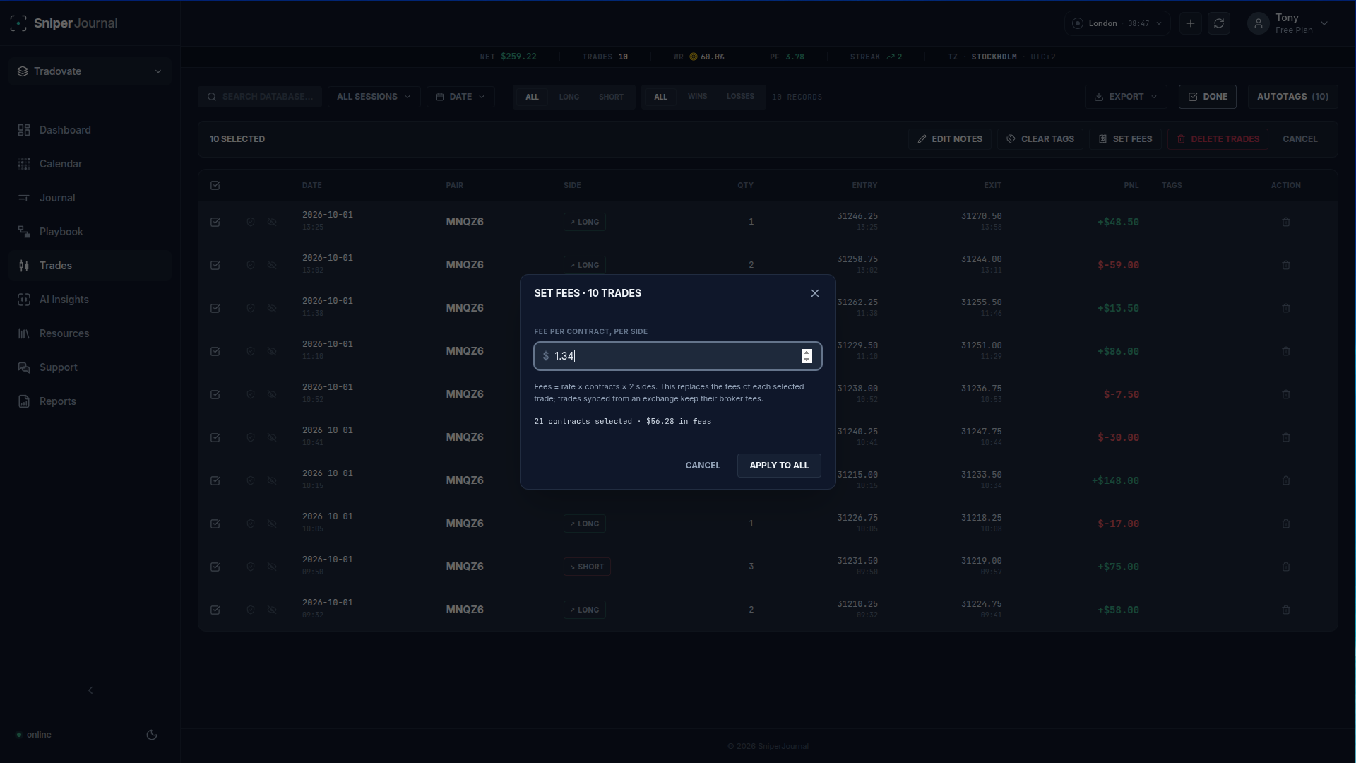 The Set fees dialog