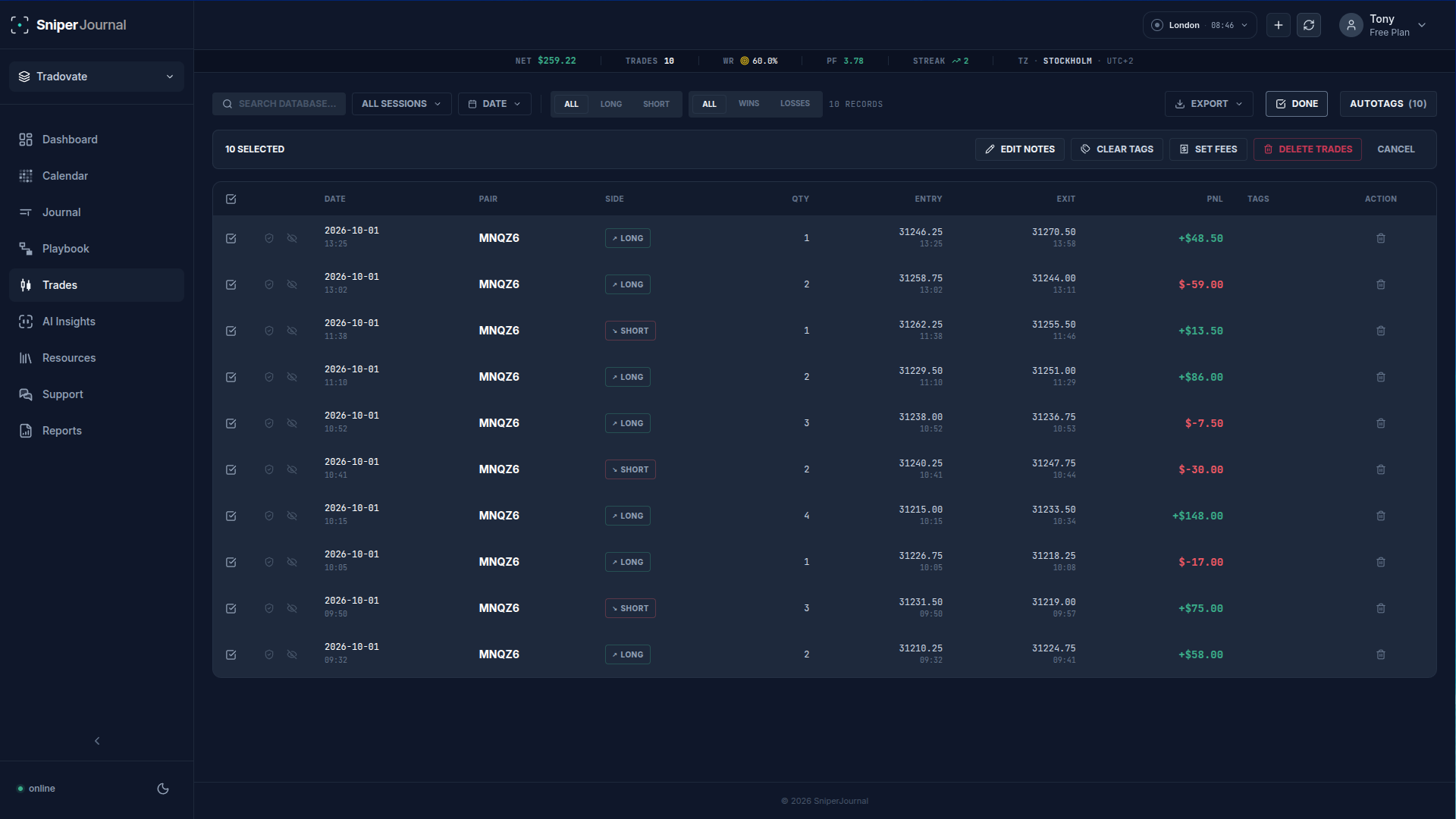 The selection bar in Trades