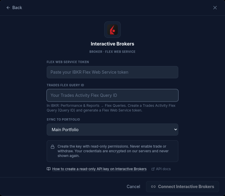 The Interactive Brokers form in Settings → Connections: Flex Web Service token, Trades Flex Query ID and portfolio