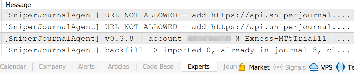 The Experts tab of MetaTrader's Toolbox with the agent's lines