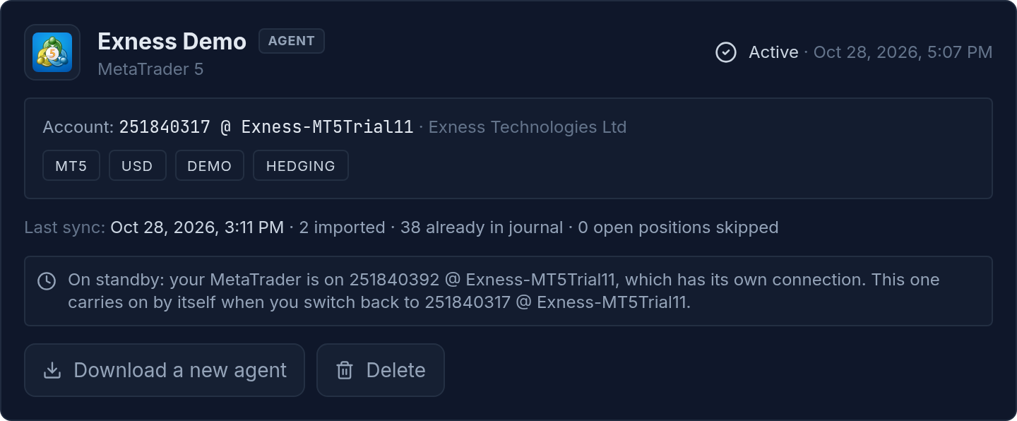 A MetaTrader card in Settings → Connections on standby