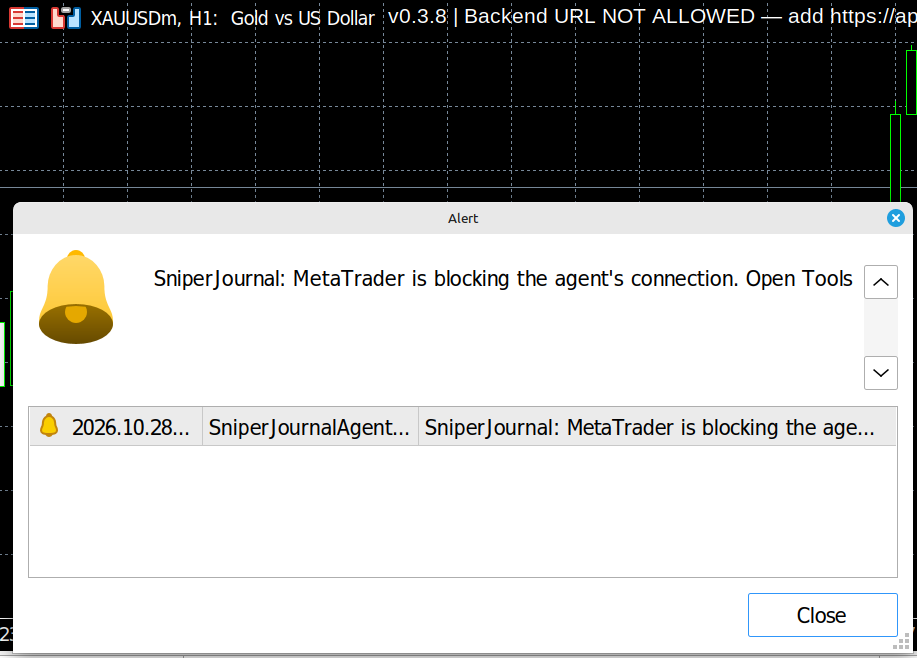 MetaTrader's window: SniperJournal: MetaTrader is blocking the agent's connection