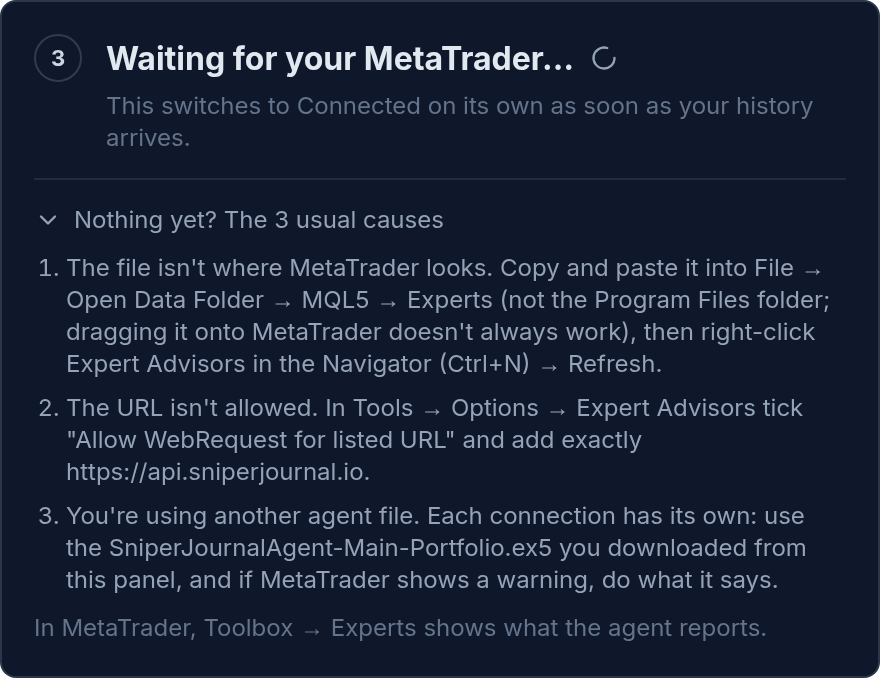The MetaTrader connection panel waiting, with the three usual causes open