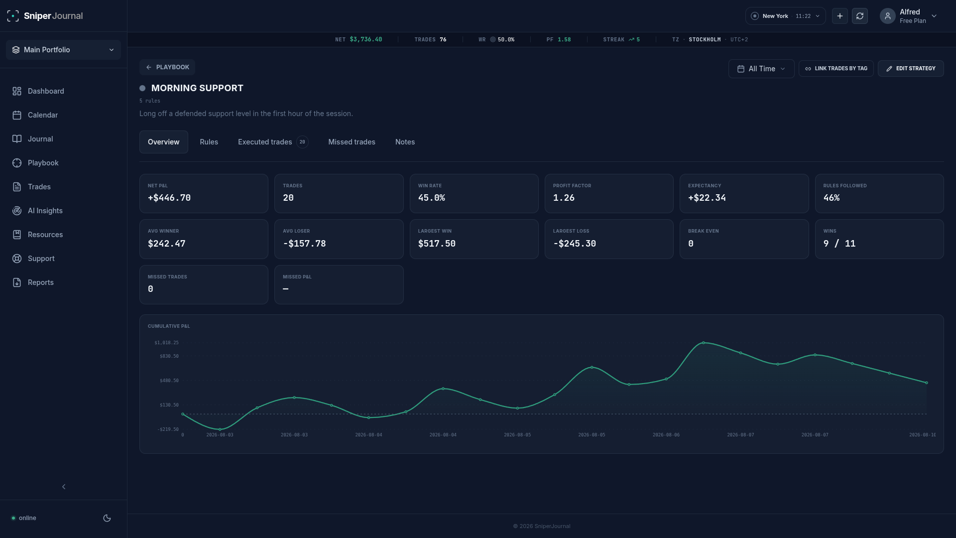 A strategy’s Overview: metrics and a cumulative P&L curve
