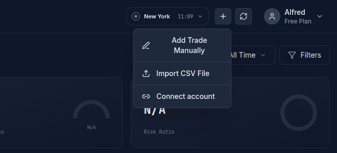 The + menu in SniperJournal with Import CSV File