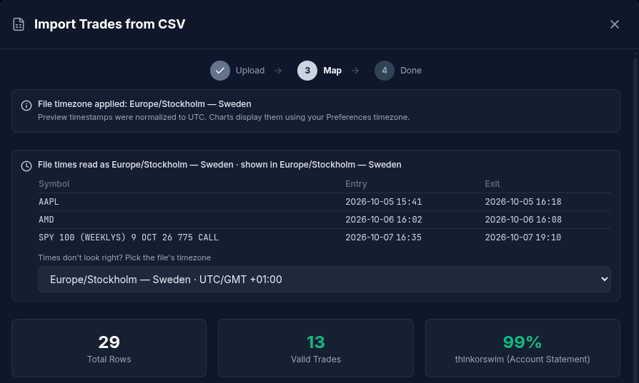Import preview: thinkorswim (Account Statement) detected at 99% with 13 valid trades and the file times