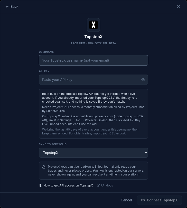 The TopstepX connection form