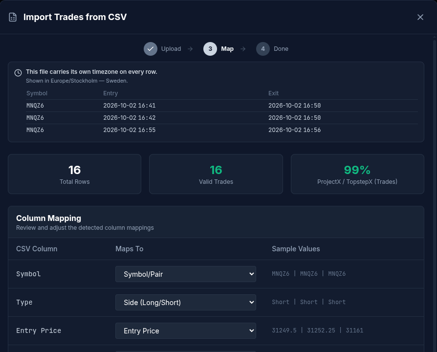 Import preview: ProjectX / TopstepX (Trades) detected