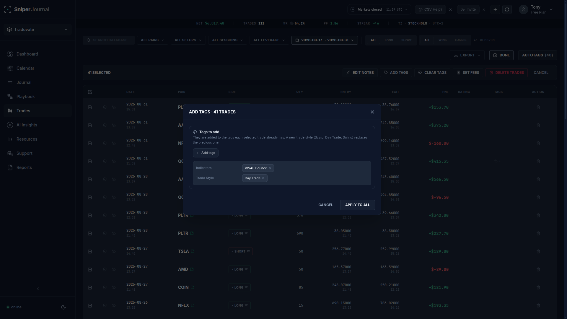 Adding tags to many trades
