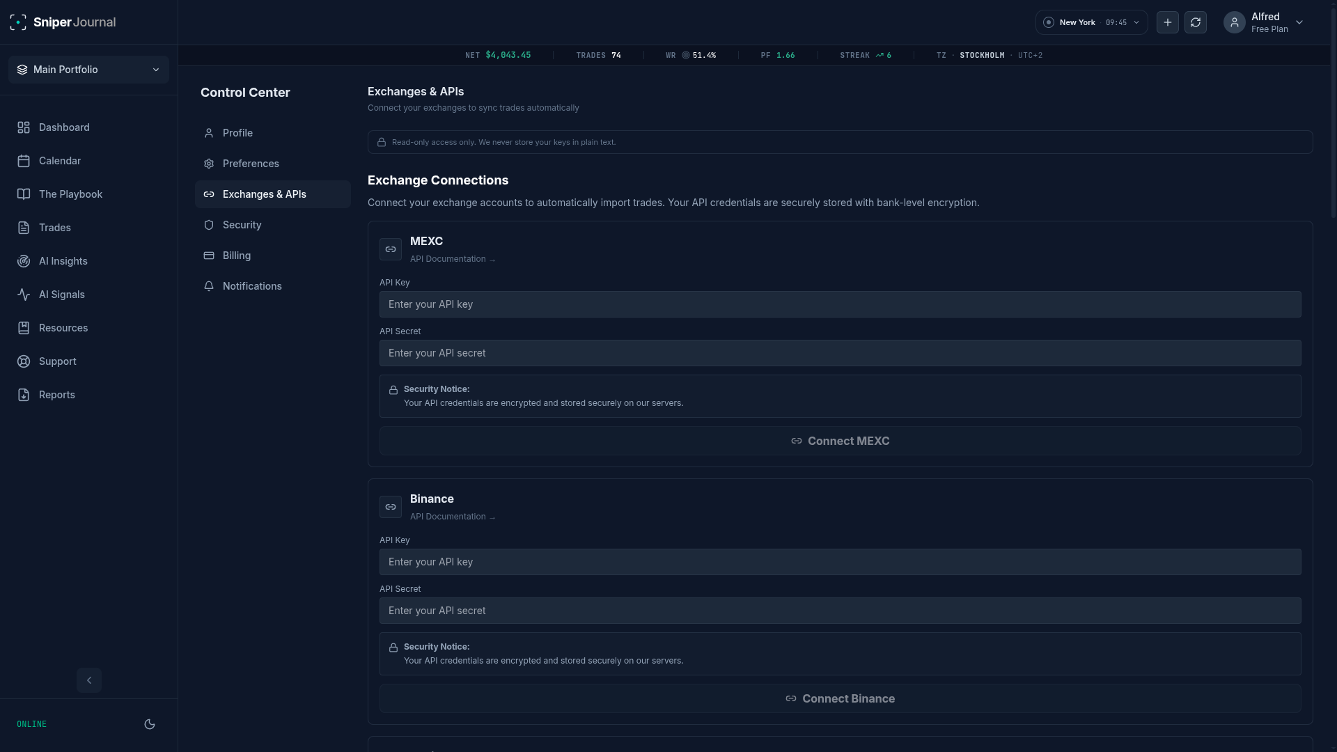 Exchange sync via API key