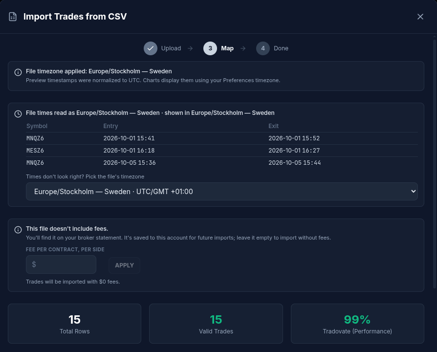 Import preview: Tradovate (Performance) detected