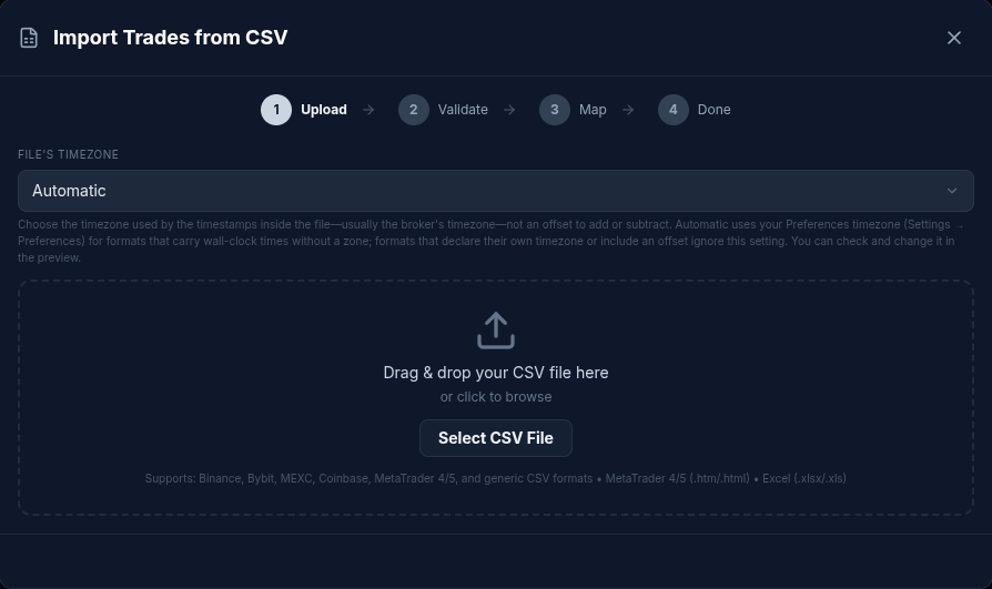 The upload step with the file’s timezone on Automatic
